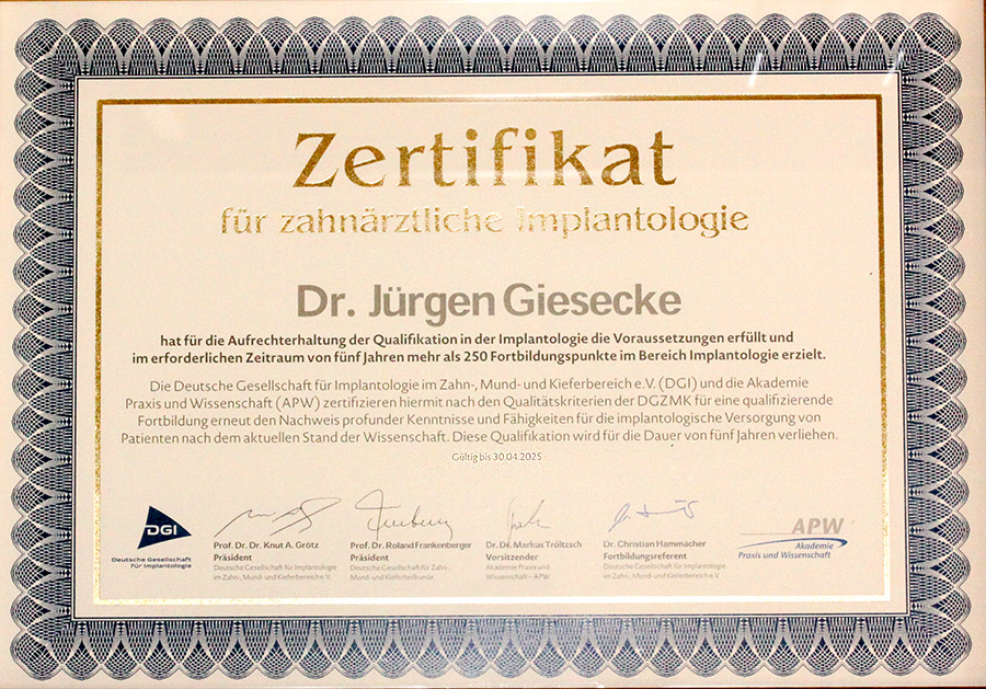 Zertifikat für Implantologie für Dr. Jürgen Giesecke